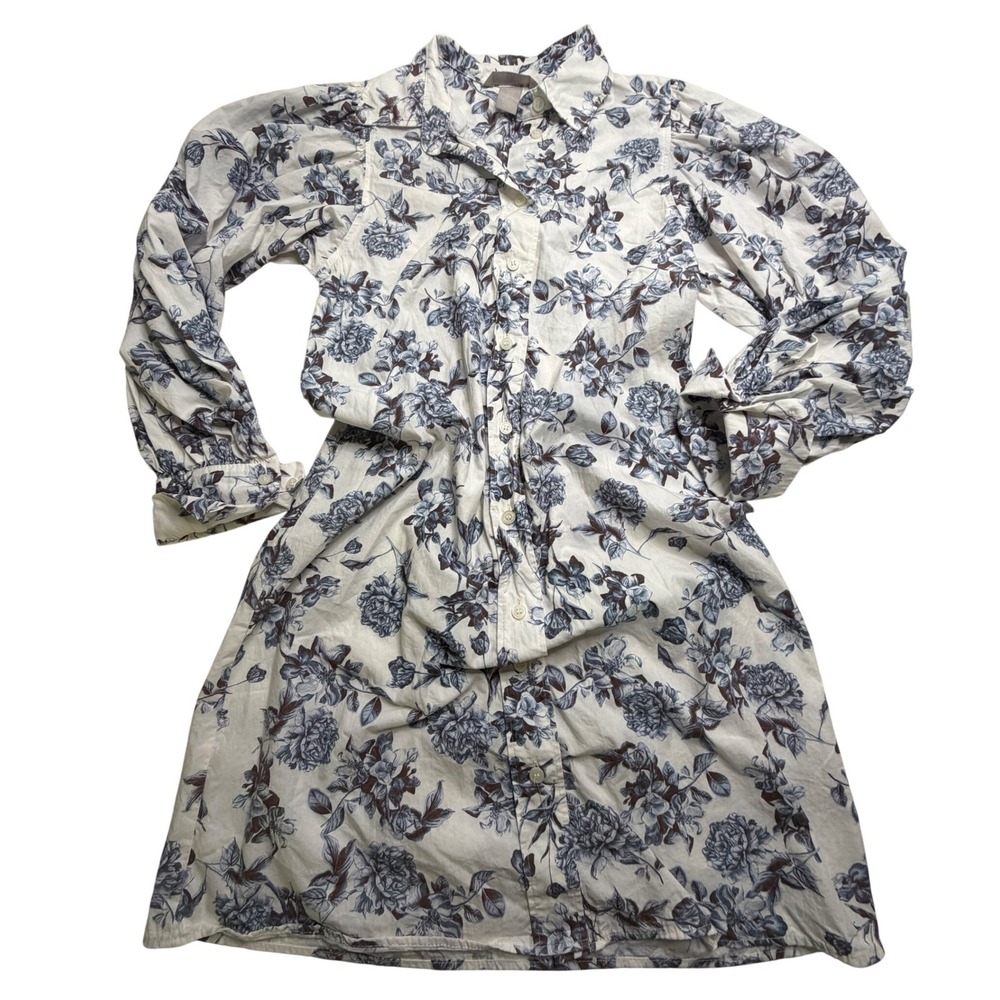 HM Floral Puff Sleeve Shirt Dress Blue Rose Print Cotton Mini Button Down XS